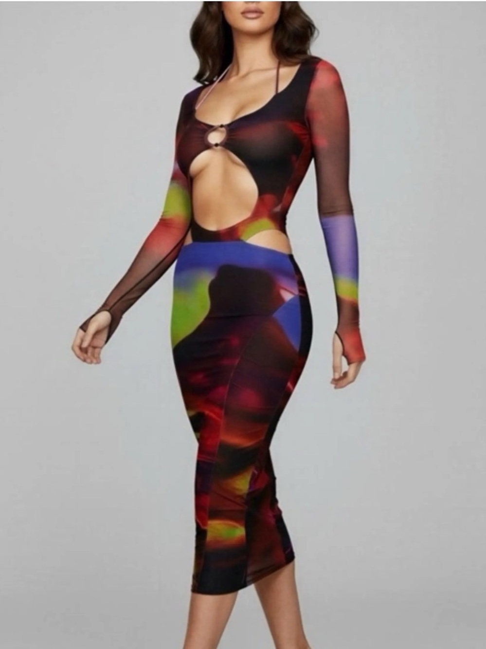 House of CB MARINA Printed Colorful CutOut Long Sleeve Mesh Midi Bodycon Dress M